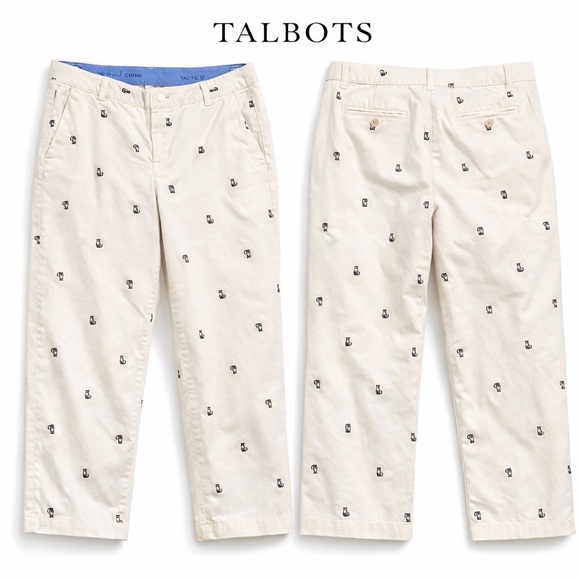 Talbots Pants - Talbots Cat Print Cropped Chino Pants Womens Size 12 Preppy cream embroidered